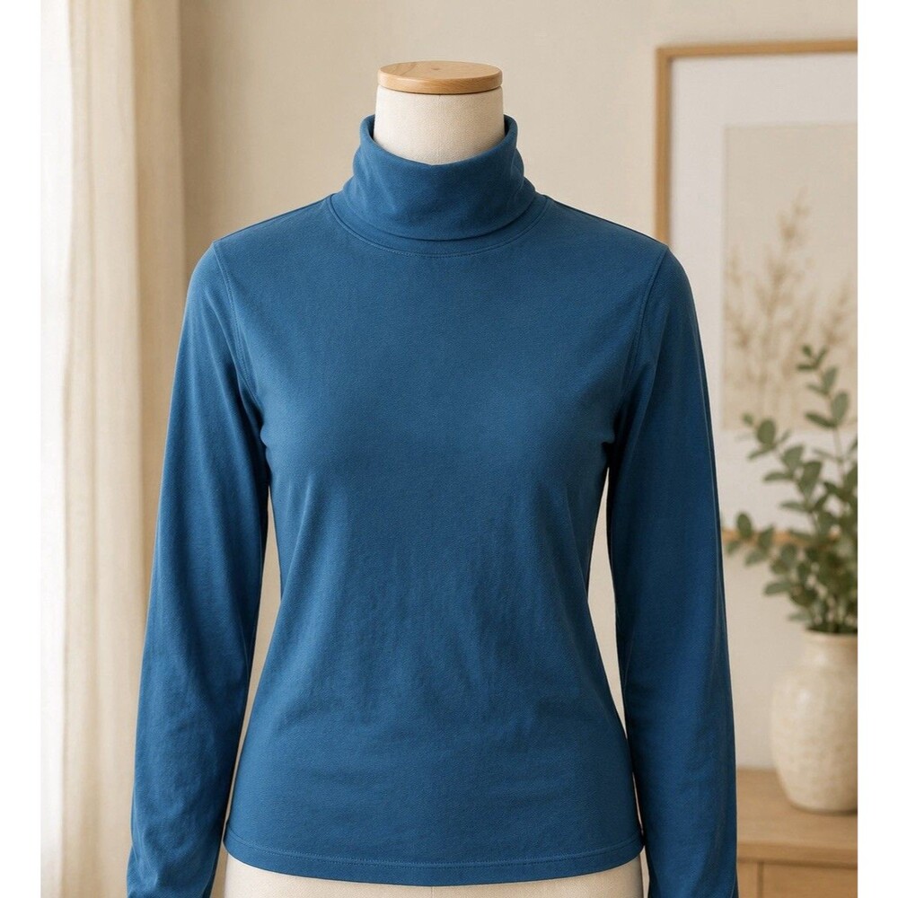 L.L.Bean Blue Cotton Knit Turtleneck Long Sleeve Solid Top Women's M Petite